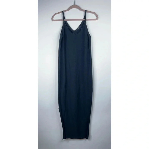 All Saints Blyth Long Dress Black Cotton Knit Blend V Neck Midi Slit Size Medium - Picture 1 of 13